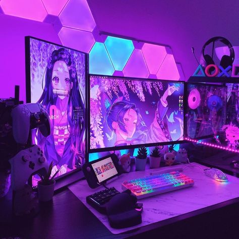 Anime Gamer Room, Gamer Room Setup, Gaming Bedroom Ideas, Games Room Inspiration, Gaming Bedroom, Small Game Rooms, Anime Gamer, Gaming Desk Setup, Computer Gaming Room