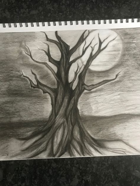 Spooky tree drawn with charcoal pencil Tree Pencil Sketch, Withered Tree, Spider Web Drawing, Spooky Tree, Fantasy Tree, Dark Tree, Sketching Ideas, Spooky Trees, Charcoal Pencil