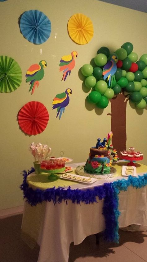 Love the look of the wall in the picture - the tree, the birds, the decorations - PERFECT for the jungle or safari classroom decor theme! Rio Birthday Party Decorations, Brazilian Decorations Party, Disney Rio Birthday Party, Parrot Themed Birthday Party, Parrot Party Ideas, Parrot Birthday Party Ideas, Rio Carnival Theme Party Decorations, Rio Themed Party, Brazil Themed Party