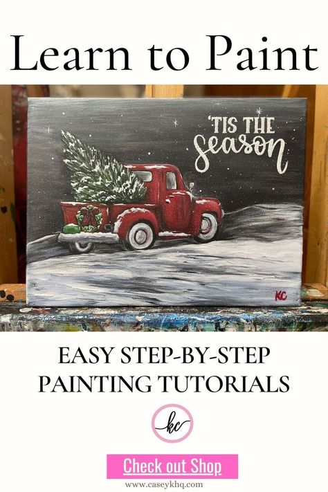 Learn easy steps to paint this beautiful Red Truck scene! Even a beginner painter can create this painting with our step-by-step virtual tutorial. Casey K has taught thousands of people to paint with her simple steps to build beautiful paintings and this one is a great one for your holiday decor! This red truck painting would be perfect to create together with family or a girls night! Social Easel, Paint Studio, Basic Painting, Easel Painting, Popular Paintings, Christmas Paintings On Canvas, Canvas Painting Tutorials, Acrylic Painting Tips, Learn How To Paint