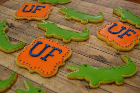 Florida Gator cookies #UF Gator Cookies, Gator Cake, Gator Party, Sports Cookies, College Grad Party, Football Cookies, Florida Gator, Graduation Cookies, Sports Birthday