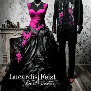 Pink Black Wedding Dress, Black Wedding Dress Bride, Black And Pink Wedding Dresses, Black Pink Wedding Dress, Romantic Gothic Wedding Dress, Black And Pink Wedding Dress, Skull Wedding Dress, Goth Wedding Suit, Black Red Wedding Dress