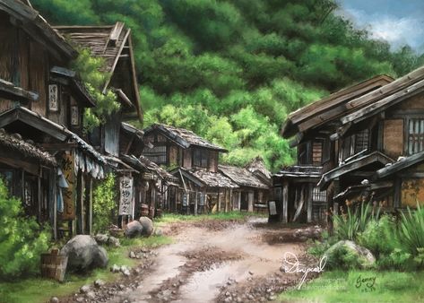 Village Concept Art, Viking Architecture, Anime Village, Jigsaw Puzzle Art, Rain Landscape, Old Japanese House, Japan Village, Landscape Anime, Medieval Japanese