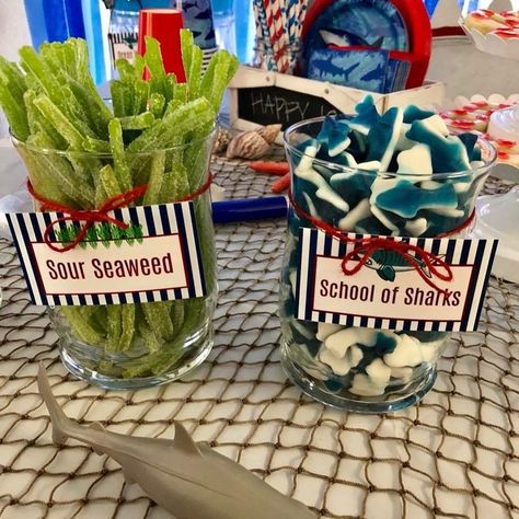 Shark Party Food Ideas, Shrimp With Sauce, Shark Party Food, Boys Party Ideas, Shark Party Foods, Tuna Sandwiches, Lila Party, Shark Themed Party, Nemo Birthday