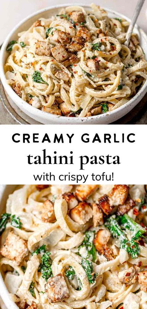 Plant Meals, Pasta With Kale, Tahini Pasta, Pasta With Lemon, Veg Meals, Vegan Pasta Recipes, Creamy Garlic, Vegan Dinner, Tofu Recipes