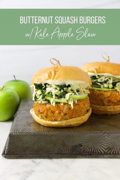 Vegan Butternut Squash Burger with Kale Apple Slaw - Labeless Nutrition Cabbage Burgers, Baked Burgers, Vegan Cabbage, Kale Slaw, Vegan Butternut Squash, Salad Inspiration, Apple Slaw, Meat Alternatives, Cabbage Slaw