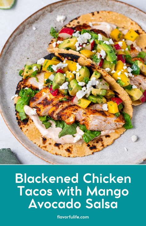 Try these amazing chicken tacos with mango salsa! This recipe for blackened chicken tacos with mango salsa is perfect if you're looking for unique taco ideas. The juicy, spicy chicken pairs perfectly with the sweet and tangy mango salsa. These chicken taco recipes are sure to impress. Enjoy blackened chicken tacos tonight! Blackened Chicken Tacos, Chicken Tacos With Mango Salsa, Mango Tacos, Taco Ideas, Mango Salsa Chicken, Blackened Chicken Recipe, Tacos With Mango Salsa, Entree Dishes, Mango Chicken