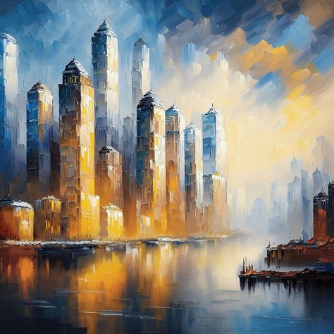 Skyscraper Painting, High Resolution Prints, Impasto Art, Beautiful Oil Paintings, City Landscape, Oil Paintings, Impressionism, Painting Ideas, Online Printing