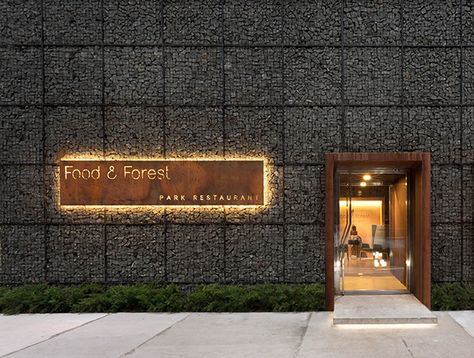 restaurant Forest Restaurant, Restaurant Facade, Restaurant Signage, Entrance Signage, Gabion Wall, Exterior Signage, Park Restaurant, Desain Signage, 카페 인테리어 디자인