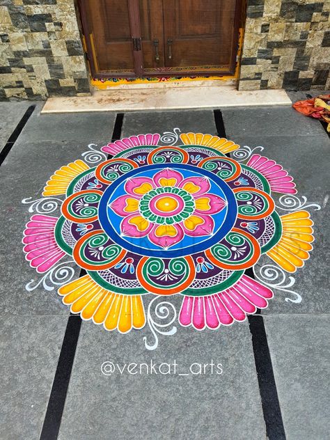 Wet Rangoli Designs, Oil Paint Rangoli On Floor, Rangoli Pics For Diwali, Rangoli Designs Paint, Painting Rangoli Design On Floor, Welcome Rangoli Designs Latest, Big Size Rangoli Designs, Rangoli With Paints On Floor, Kolam For Diwali