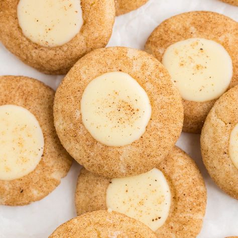 Eggnog Thumbprint Cookies Eggnog Ganache, Holiday Baking Easy, Eggnog Poke Cake, Easy Eggnog, Creamy Eggnog, Baking Easy, Cookie Ball, Cookie Spread, Thumbprint Cookies