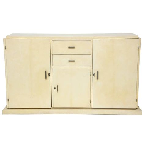 Jacques Adnet Parchment Sideboard, circa 1930s | From a unique collection of antique and modern sideboards at https://www.1stdibs.com/furniture/storage-case-pieces/sideboards/ Leather Sideboard, Brass Sideboard, Sideboard Styles, French Sideboard, French Mid Century Modern, Art Deco Sideboard, Art Deco Cabinet, Beautiful Cabinet, Wood Cabinet