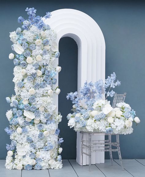 A handcrafted creation can be added to any event. No assembly required, place wherever you like. Add a popular element to your wedding venue, Valentine's Day decoration, business dinner and other events. It gives people a luxurious and romantic feeling and brings an unforgettable experience to your friends. White And Blue Engagement Party, Something Blue Backdrop, Blue Flower Arch, Wedding Backdrop Arch, Blue And White Roses, Backdrop Arch, Pink Flower Arrangements, White Flower Arrangements, White Roses Wedding