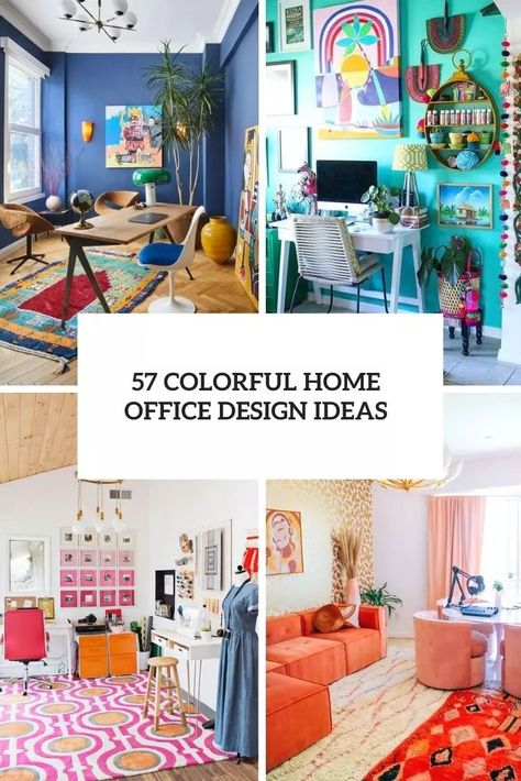 Funky Home Office Ideas, Office Colorful Design, Colorful Minimalist Office, Bright Home Office Ideas, Bold Office Colors, Colorful Boho Office, Maximalist Office Space, Fun Home Office Design, Home Office Colorful