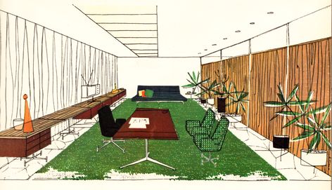 These sketches and the Time Life building were the inspiration for the Sterling Cooper offices in Mad Men #MCM #midcenturymodern Mid Century Office Desk, Mad Men Office, Mid Century Modern House Plans, Mid Century Office, Men Office, Mid Century Modern Office, Doctors Office, Mid Century Desk, Doctor Office