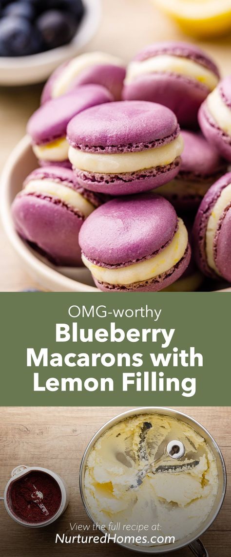 Lemon Blueberry Macarons, Filling Desserts, Blueberry Macarons, Honey Buttercream, Blueberry Cinnamon Rolls, Homemade Macarons, Lemon Macarons, Batter Mix, Lemon Buttercream