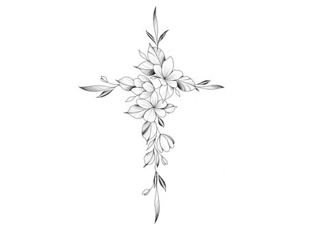 Floral Faith Tattoo, Floral Cross Drawing, Cross Made Of Flowers Tattoo, Cross Vine Tattoo, Vine Cross Tattoo, Cross Tattoo Designs Feminine, Floral Cross Tattoos For Women, Sunflower Cross Tattoo, Dainty Cross Tattoos For Women