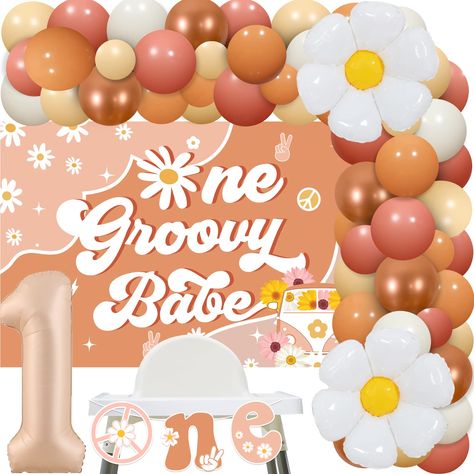 PRICES MAY VARY. One Groovy Baby Birthday Decorations Girl: You will get 50 x latex balloons 12 inches, 18 x latex balloons 5 inches, 1 x groovy backdrop 3*5 ft, 2 x daisy foil balloons 20*16 inches (No Helium Supported), 1 x number 1 foil balloon 32 inches (No Helium Supported), 1 x ONE high chair banner, 1 x balloon tape strip, 1 x adhesive dispense, 2 x white ribbons. One Groovy Babe Backdrop: Daisy groovy one birthday backdrop is made of high quality Polyester, the size is 5*3 ft, large enou Groovy Balloon Arch, Two Groovy Party, Groovy Birthday Party, Hippie Birthday Party, Groovy Party, Two Groovy, Boho Party Decorations, Second Birthday Party, Rainbow First Birthday