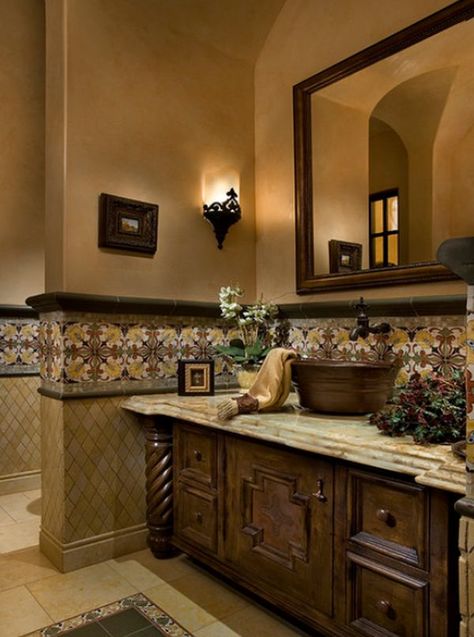 Rustic Tuscan Decor, Tuscan Bathroom Decor, Spanish Bathroom, Tuscan Bathroom, Plans Architecture, Tuscan Design, Powder Room Design, Tuscan House, Decor Baie