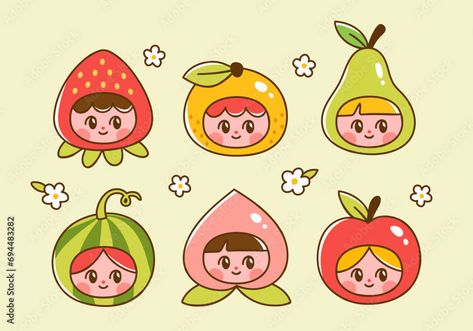 Cute fruit and berry characters. Vector illustration of girls wearing costumes of strawberry, apple, orange, pear, peach, watermelon. Fruit mascots in adorable trendy style. Stock Vector | Adobe Stock Peach Character Design, Peach Illustration Cute, Fruit Character Illustration, Fruits Character, Fruit Character Design, Watermelon Character, Orange Characters, Fruits Logo, Strawberry Character