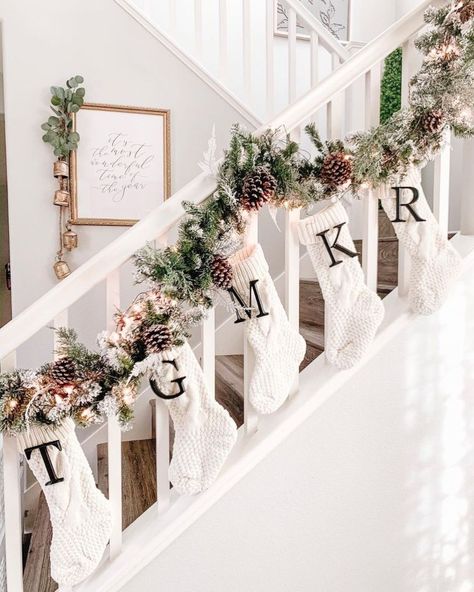 20 Christmas Stocking Ideas Fam Will Love - Craftsy Hacks Staircase Banister, Christmas Banister, Stockings Diy, Future Christmas, Stairs Makeover Ideas, Christmas Stairs Decorations, Christmas Staircase Decor, Hanging Christmas Stockings, Christmas Stairs