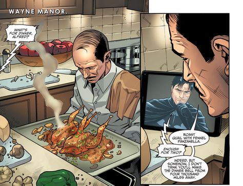 Cute moment between Bruce and Alfred.  From Injustice Gods Among Us  comics. Alfred And Bruce, Bruce And Alfred, Roasted Quail, Injustice Gods Among Us, Wayne Manor, Thomas Wayne, Year 5, Among Us, Batman