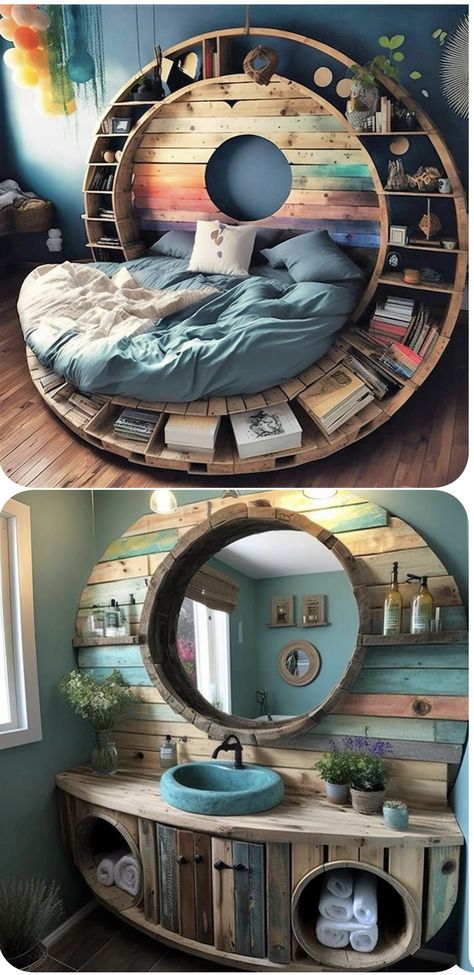 Unique Wood Furniture, Diy Storage Bed, Fantasy Furniture, Diy House Renovations, Round Beds, Up House, Cozy Room Decor, Outdoor Decor Backyard, Dream Room Inspiration