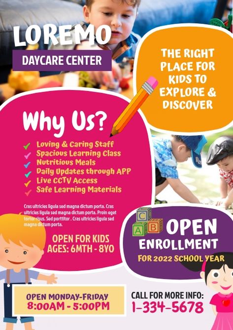 School Flyers Ideas, Daycare Advertising Flyers, Daycare Enrollment Flyer, Daycare Poster Ideas, Daycare Flyers Ideas, School Flyer Design Templates, Daycare Advertising Ideas, School Advertising Poster Ideas, Nursery Flyer Design