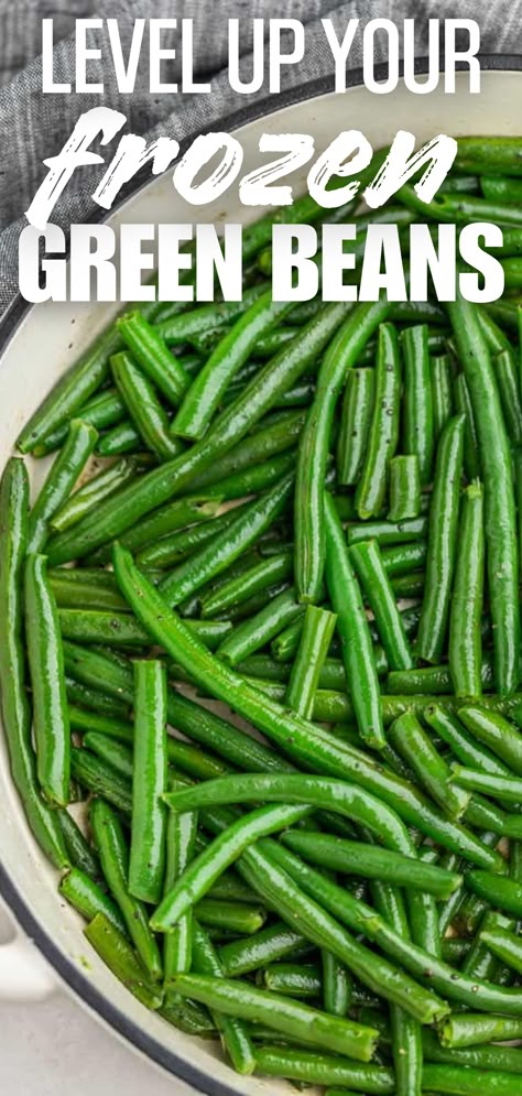 An overhead close up view of a pan of green beans. Frozen Green Beans Crock Pot, Best Way To Cook Frozen Green Beans, How To Make Frozen Green Beans Taste Good, Crock Pot Frozen Green Beans, Sautéed Frozen Green Beans, Crockpot Green Beans Frozen, Frozen String Bean Recipes, Green Beans Frozen Recipes, How To Cook Frozen Green Beans On Stove