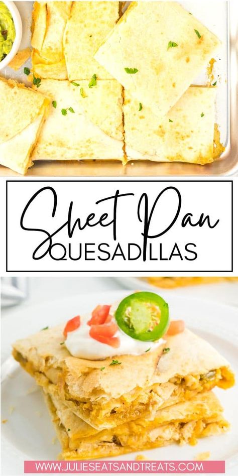 Sheet Pan Quesadillas are an easy dinner or the perfect recipe for feeding a crowd! All your favorite quesadillas flavors in a crispy burrito shell cooked in a sheet pan. So easy to change up the flavors. Don't forget your favorite toppings on top! Burrito Shell Recipes, Baked Quesadilla, 310 Recipes, Pan Grilled Chicken, Sheet Pan Quesadillas, Field Meals, Breakfast Quesadillas, Chicken Peppers, Chicken Recipes Boneless