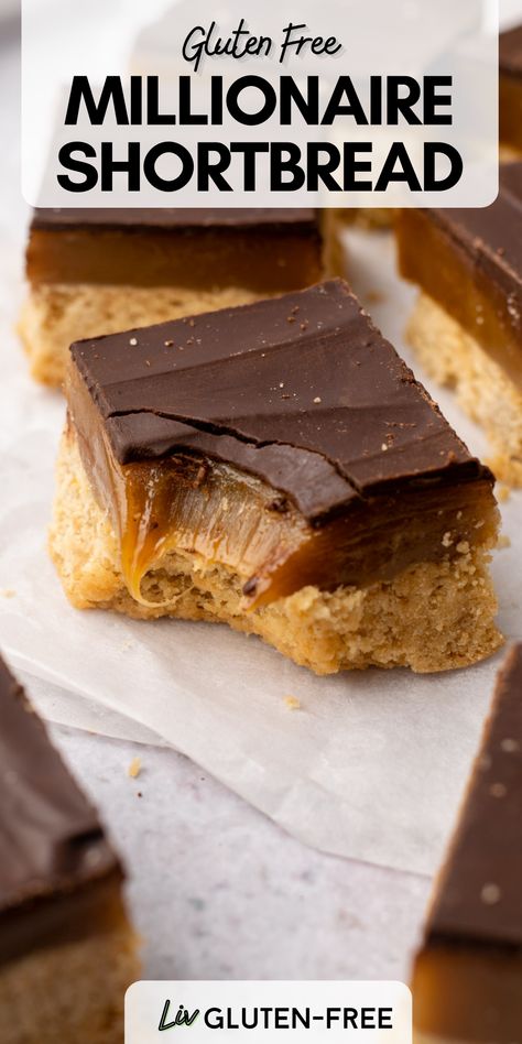 With a thick shortbread base, gooey homemade caramel centre, and crisp chocolate top, this gluten-free and dairy-free millionaire shortbread is the rich and decadent dessert of your dreams. Millionaire Shortbread Bars, Millionaire Shortbread Recipe, Easy Bar Recipes, Chocolate Slice, Millionaire Shortbread, Gooey Caramel, Buttery Shortbread, Shortbread Bars, Caramel Bars