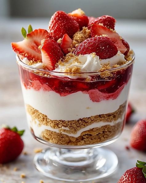 Strawberry Cheesecake Trifle 🍓🍰 This Strawberry Cheesecake Trifle is a delightful, no-bake dessert that combines creamy cheesecake, crunchy vanilla wafers, and fresh strawberries. Perfect for summer parties or any special occasion, it's incredibly easy to make and sure to impress with its elegant presentation and irresistible flavors. 🌟🍓 • Ingredients: • 8 oz (225 g) cream cheese, softened • 16 oz (475 ml) heavy cream • 14 oz (396 g) sweetened condensed milk • 3 tbsp melted butter • 1 box van... Cheesecake Presentation, Strawberry Cheesecake Trifle, Cheesecake Trifle, Elegant Presentation, Trifle Desserts, Box Van, Cheesecake Filling, Bake Dessert, Healthy Food Dishes