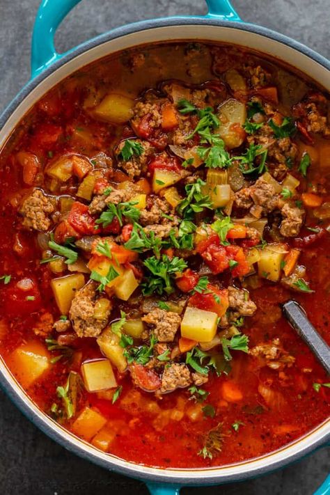 Ground Beef Diced Tomatoes, Hamburger Soup Recipe, Creamy Carrot Soup, Soup With Ground Beef, Leftovers Soup, Loaded Potato Soup, Hamburger Soup, Easy Vegetable, Best Soup Recipes