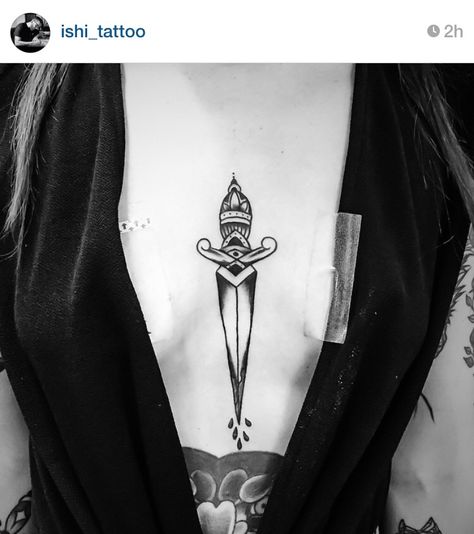 Awesome! Dagger Chest Tattoo Female, Dagger Chest Tattoo, Underarm Tattoo, Chest Tattoo Female, Torso Tattoos, Tattoo Female, Tattoo Old School, Dagger Tattoo, Sternum Tattoo