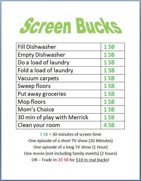 Screen Bucks... kids earn screen time by doing chores! Screen Bucks, Earn Screen Time, Uppfostra Barn, Doing Chores, Chore List, Parenting Help, Chores For Kids, Kids Behavior, Charts For Kids