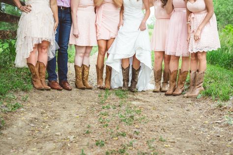 Kaitlyn and Ryan's Laid-Back DIY Western Theme Wedding Bridesmaid Dresses Long Blue, Bridal Parties Pictures, Dresses With Cowboy Boots, Barn Wedding Photos, Wedding Boots, Rustic Bridal, Country Wedding Dresses, Rustic Barn Wedding, Couture Wedding