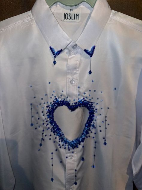 Missing Heart Embroidered Shirt, Beaded Heart Shirt, Blue Shirts Aesthetic, Heart Cut Out Shirt, Beads Shirt, Beaded Shirt, Beaded Heart, Cut Shirt, Diy Clothes Design