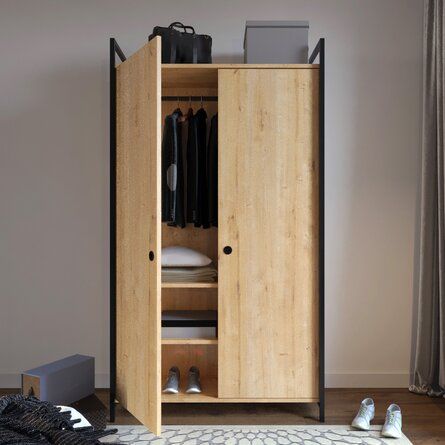 This well-engineered, sturdy, and functional armoire is what you want in your house. | East Urban Home Anneliese Armoire Wood in Black / Brown | Wayfair Industrial Wardrobe, Modern Armoire, Armoire Entree, Big Doors, Wood Armoire, Bedroom Armoire, 2 Door Wardrobe, Mode Design, Design Bedroom