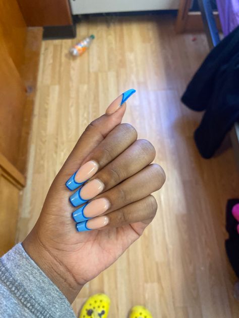 Outlined French Tip Nails, Outlined French Tip, Blue And White French Tip Nails, Square Stiletto Nails, Blue French Tips, Nails Stiletto, White French Tip, Dope Nail Designs, Nails Fake