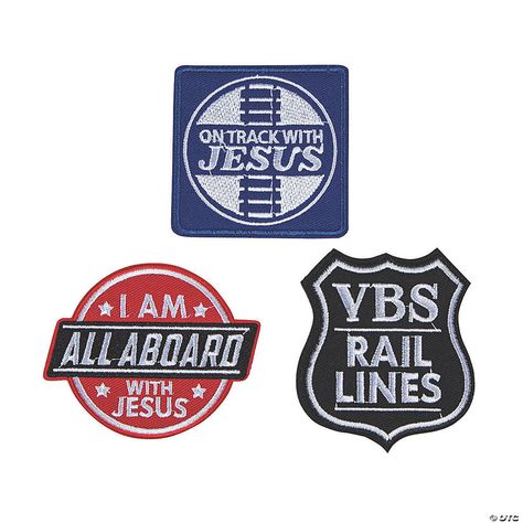 Railroad VBS Iron-On Patches | Oriental Trading Kindergarten Sunday School, Train Crafts, Fun Patches, Vbs Themes, Train Theme, Cool Patches, Trunk Or Treat, All Aboard, Bible School