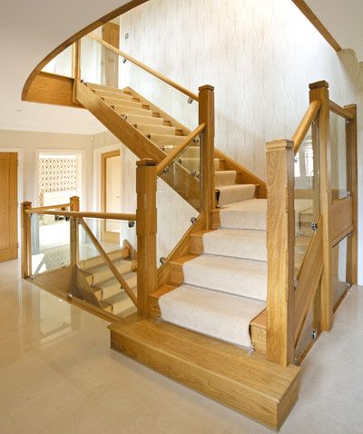 Oak Stairs Bungalow Conversion, Stair Paneling, Contemporary Staircase, House Staircase, Oak Stairs, Barn Interior, Glass Staircase, Wooden Staircases, Modern Stairs