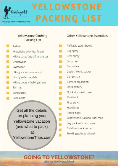 What To Pack For Your Yellowstone Vacation - TRAVELING MEL'S YELLOWSTONE TRIPS Yellowstone Packing List, National Park Packing List, Yellowstone National Park Vacation, Travel Essentials Roadtrip, Yellowstone Vacation, Yellowstone Trip, Wyoming Travel, Packing Essentials, Yellowstone Park