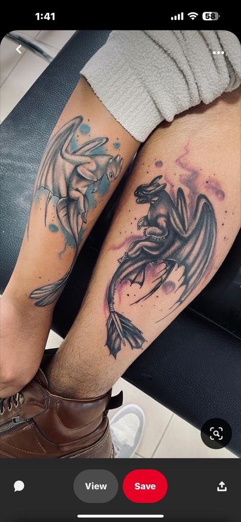 Couple Tattoos How To Train Your Dragon, Toothless Couple Tattoo, His And Her Dragon Tattoo Ideas, Toothless Matching Tattoo, Night Fury And Light Fury Tattoo, How To Train Your Dragon Tattoo Couple, Httyd Matching Tattoos, Tattoos Toothless, Matching Tattoos Dragon