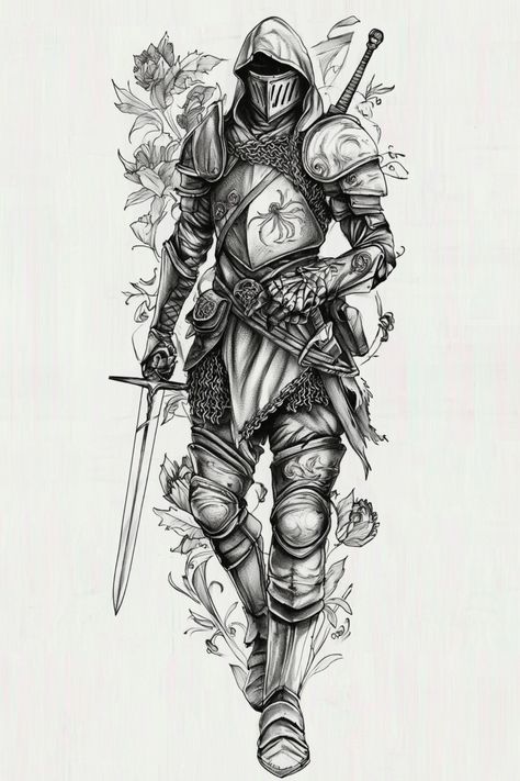 A detailed tattoo sketch of a knight in armor walking forward with a sword, surrounded by floral designs, perfect for a back tattoo. Crusader Knight Drawing, Female Knight Tattoo, Forearm Half Sleeve Tattoos, Knight Helmet Tattoo, Dnd Tattoo Designs, Dragon Knight Art, Knight Tattoos, Traditional Tattoo Drawings, Fantasy Tattoo