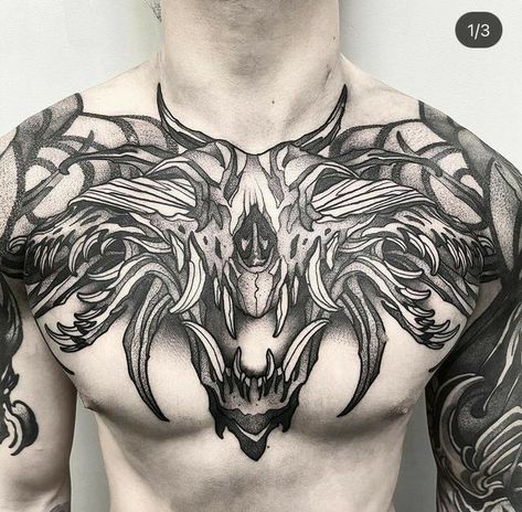 Symmetrical Chest Tattoo Men, Male Chest Tattoos Ideas, Parasite Tattoo, Dark Chest Tattoo, Blackwork Chest Tattoo, Full Chest Tattoos, Puppy Tattoo, Raccoon Tattoo, Neo Tattoo