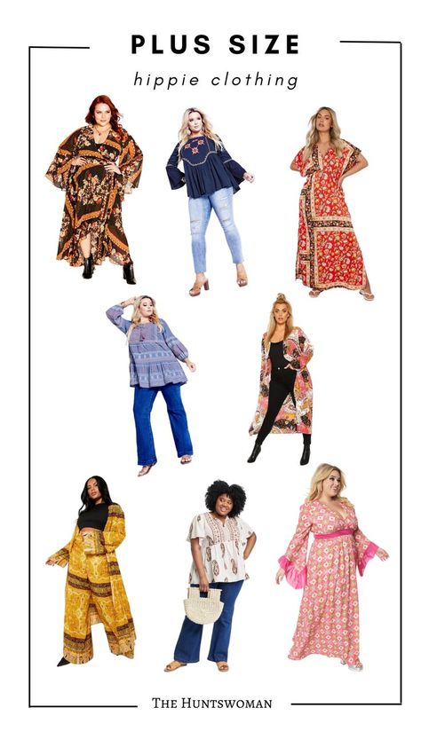 collage of different plus size hippie aesthetic outfit ideas. Words at top reads "plus size hippie clothing" Plus Size Hippie Outfits, Hippie Outfits Plus Size, Plus Size 70s Fashion, Over 60 Fashion Plus Size, Hippie Style Summer, Boho Plus Size Outfits, 70s Boho Fashion, 70s Outfits Ideas, Plus Size Hippie Fashion