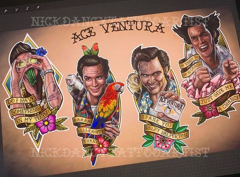 Take care now bye bye then ace Ventura designs 💥special offer💥 4500kr each #aceventura Gotta be big gotta be colour 😁#tattoo #tattoos… Arthur Tattoo Cartoon, Ace Ventura Tattoo, Jim Carrey Tattoo, Movie Drawings, Tv Tattoo, Ventura Design, 80s Pop Culture, Colour Tattoo, Flash Ideas