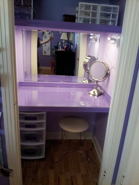 Closet turned into a vanity for my daughter Bathroom Makeup Vanity Aesthetic, Vanity Inside Closet, Closet Vanity Ideas, Closet Makeup Room, Homemade Vanity, Purple Vanity, Vanity Remodel, Makeup Closet, Cosmetology Ideas