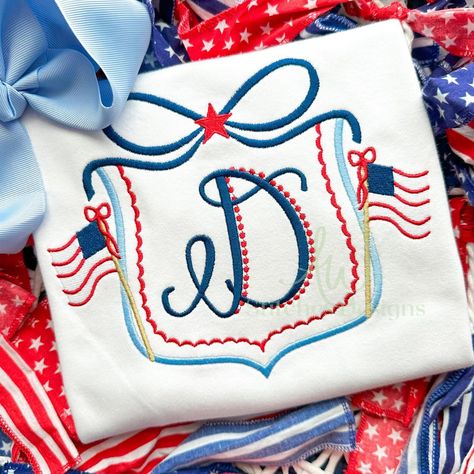 Have you grabbed this new design yet? Sale ends TONIGHT! Embroidery Bow, Diy Hand Embroidery, Frame Embroidery, Crest Monogram, Applique Stitches, Patriotic Bows, Framed Embroidery, School Birthday, Patriotic Flag