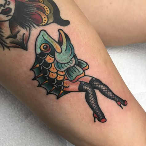 Reverse mermaid done by Nate @ Marion St Tattoo in Denver! American Traditional Tattoos Animal, Reverse Mermaid Tattoo, Sustainability Poster, Reverse Mermaid, Mermaid Tattoo Meaning, Squid Tattoo, Shark Head, Tattoo Apprenticeship, Frog Tattoos